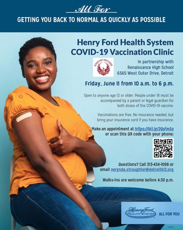 Henry Ford Health System COVID-19 Vaccination Clinic Flyer